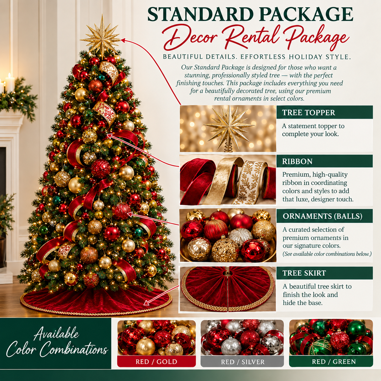 Standard Decor Rental Package flyer showing a traditionally decorated red and gold Christmas tree with a gold star topper, red ribbon, ornament balls, and a tree skirt, plus the available color combinations