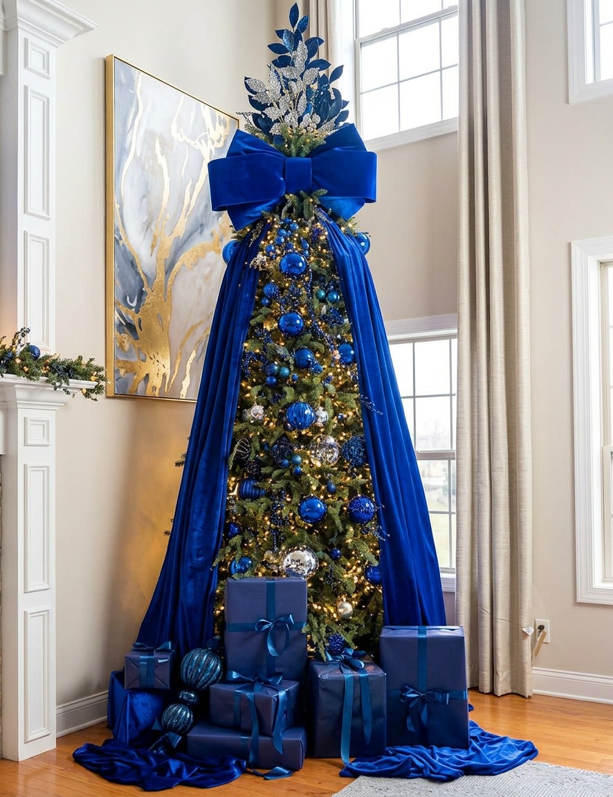 Royal blue designer Christmas tree with navy velvet bows and coordinated wrapped gifts