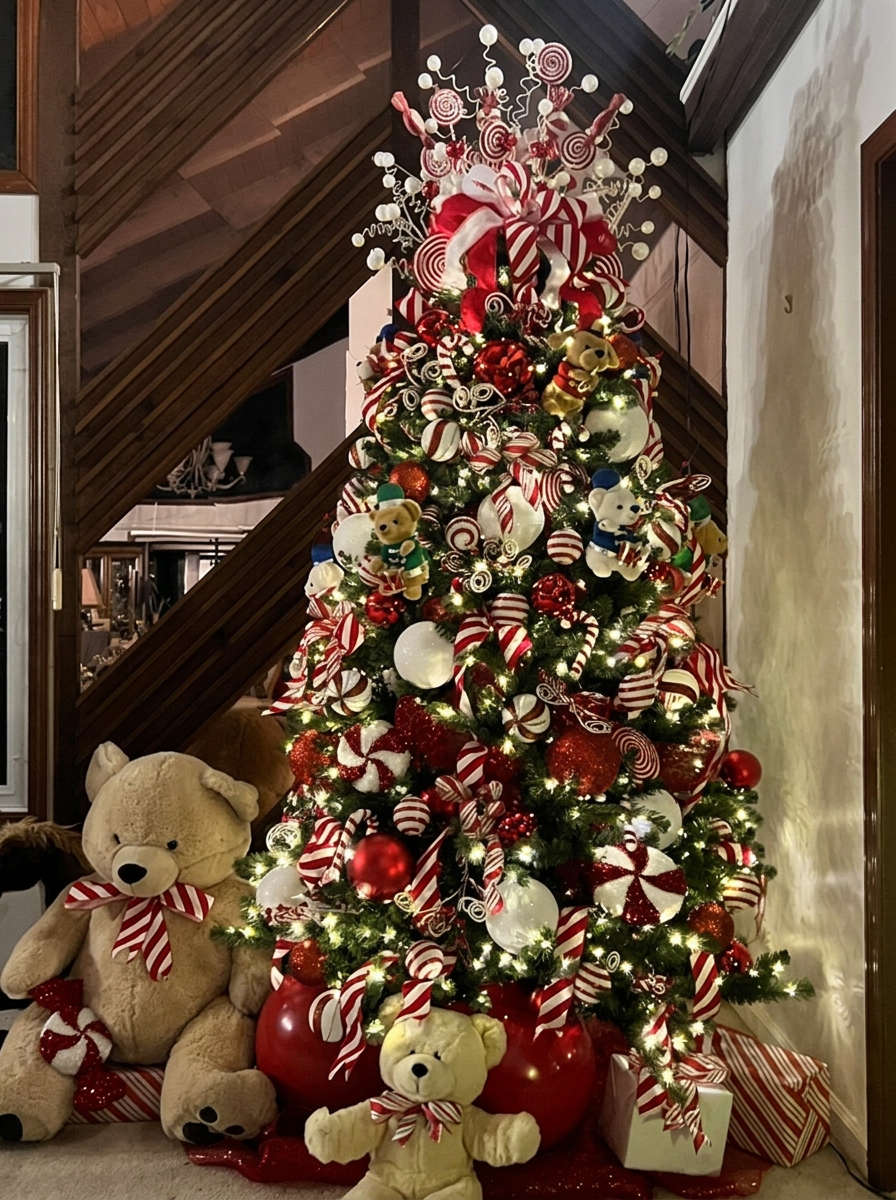 Red and white peppermint Christmas tree surrounded by teddy bears and wrapped presents