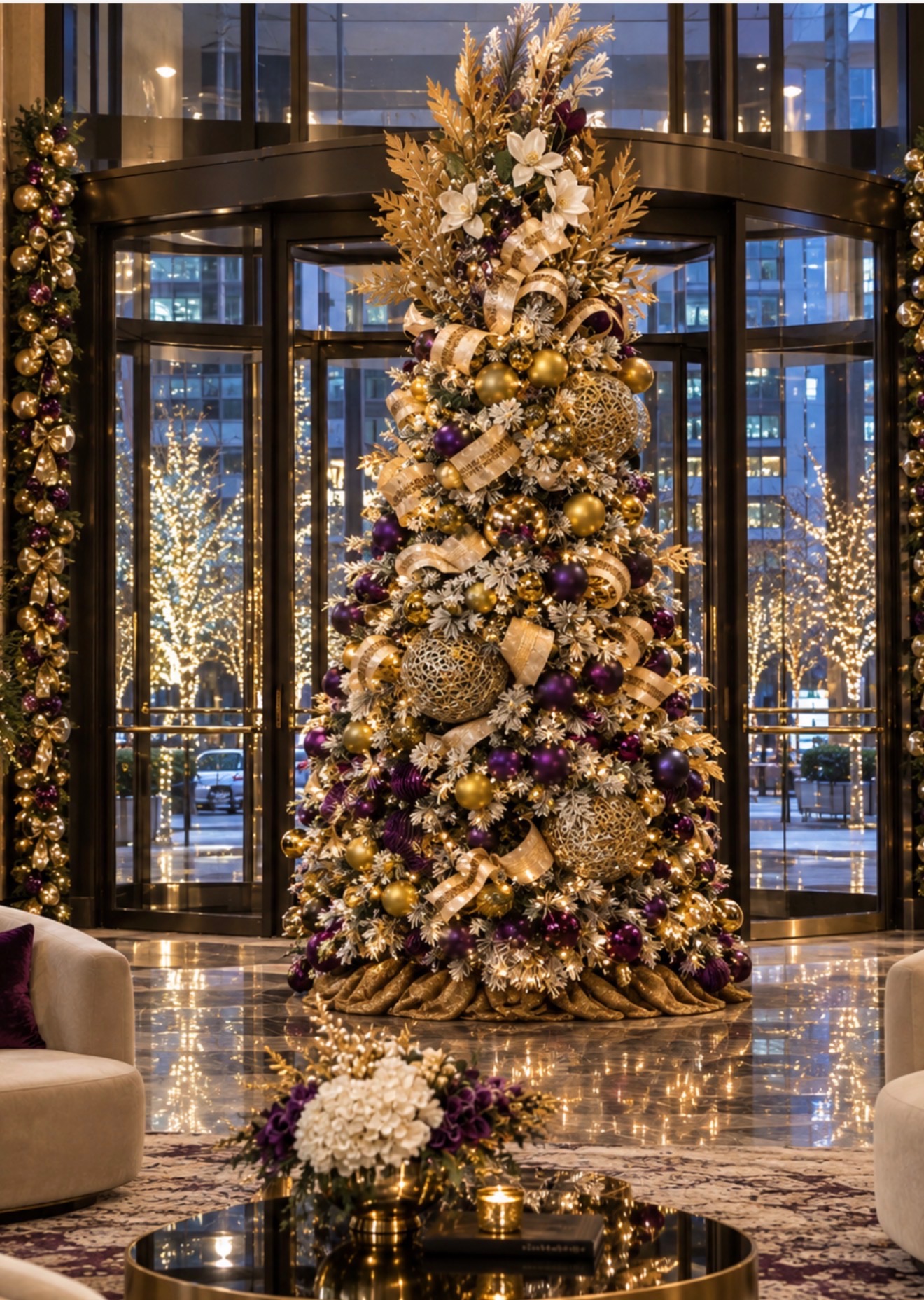 Luxury hotel lobby with a grand purple and gold designer Christmas tree surrounded by garlands and elegant furnishings